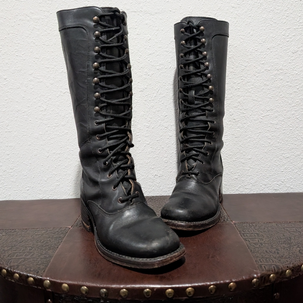 Rare Frye Campus Lug Vintage Lace Up Knee-High Black Antique Leather Boot Size 6 - Picture 8 of 15